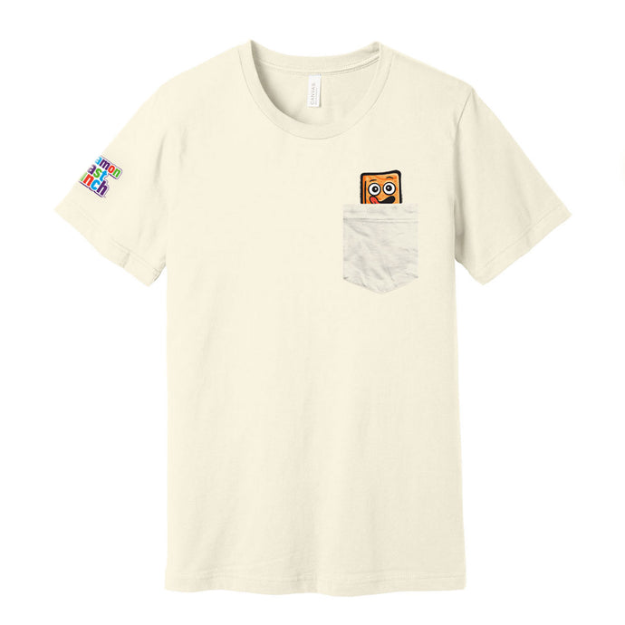 Natural-colored t-shirt with Cinnamon Toast Crunch Cinnamoji poking out of left breast pocket, front view.