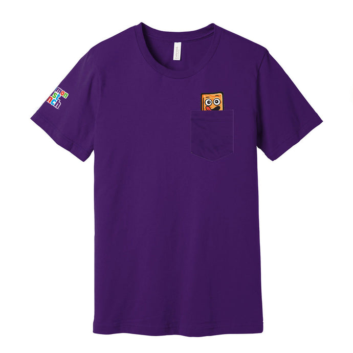 Purple t-shirt with Cinnamon Toast Crunch Cinnamoji poking out of left breast pocket, front view.