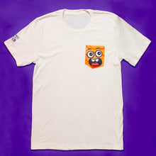 A white t-shirt with a Cinnamon Toast Crunch Cinnamoji printed on the left breast pocket, front view.
