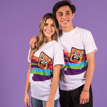 Cargar imagen en el visor de la galería, Two young people wearing white Cinnamon Toast Crunch Cinnamoji graphic print t-shirts.
