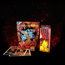 Load image into Gallery viewer, CinnaFuego Toast Crunch pouch with a guide on the Feel the Fuego challenge
