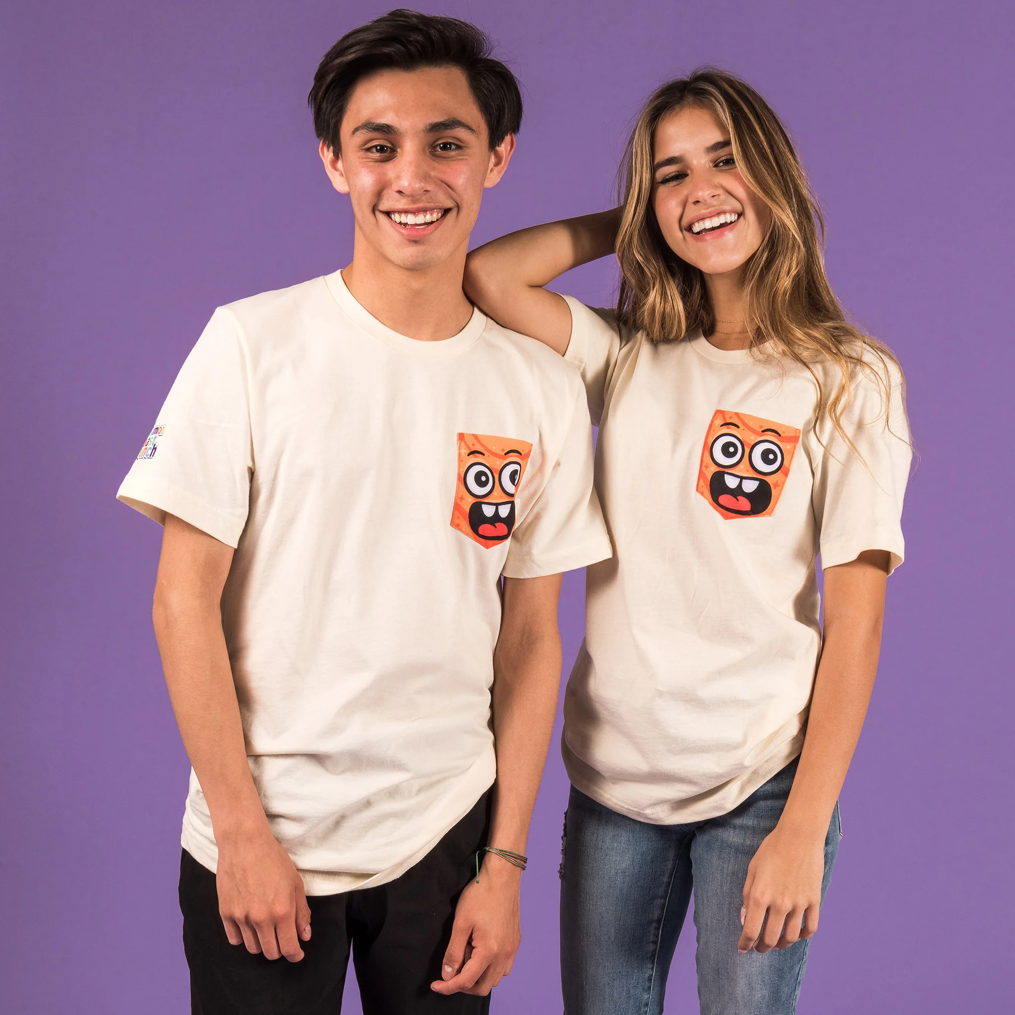 People wearing Pocket Cinnamoji Tee white tee with cinnamon toast crunch smile