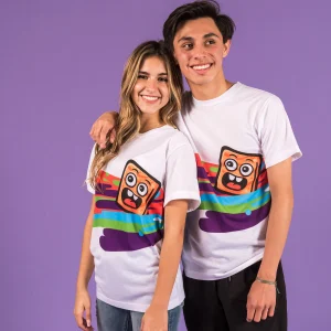 People wearing Cinnamoji Swirl Tee white tee with colorful blobs and cinnamon toast crunch smile