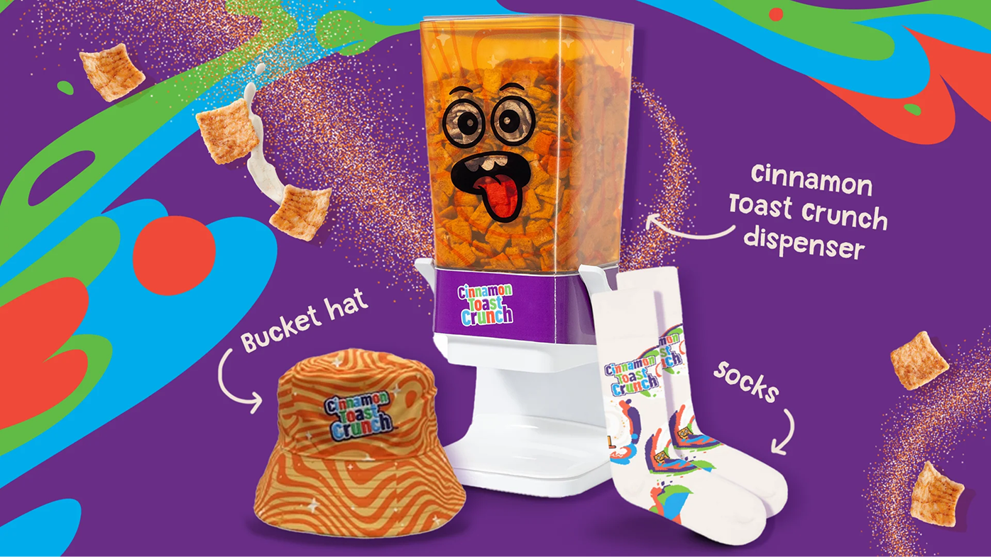 Cinnamon Toast Crunch Cereal Dispenser with bucket hat and cinnaswirl socks